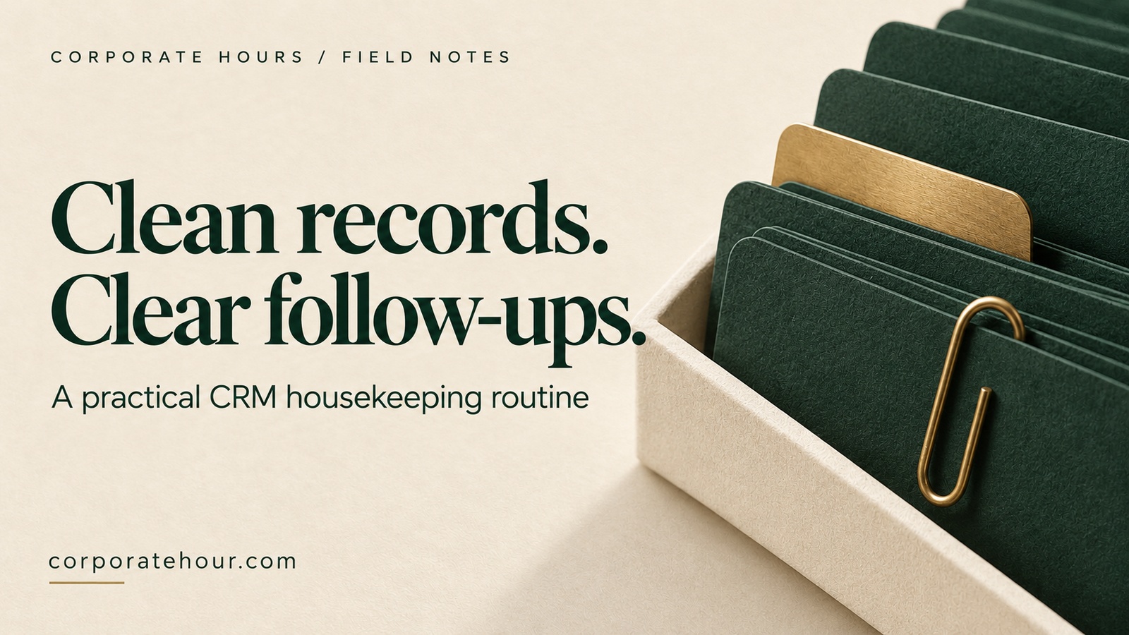 Forest green index cards in an ivory archive tray with brass details, with the headline Clean records. Clear follow-ups.