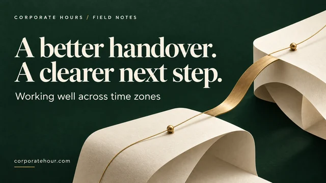 A brass bridge connects two ivory paper platforms on forest green, with the headline A better handover. A clearer next step.