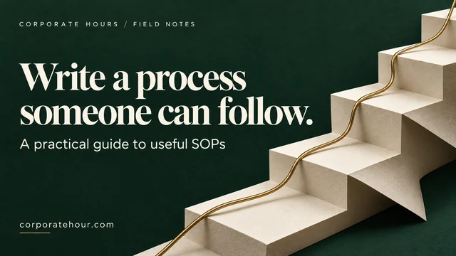 Ivory paper steps and a brass thread on forest green, with the headline Write a process someone can follow.