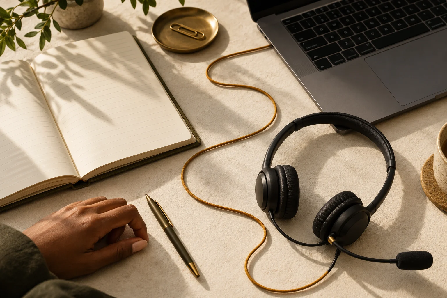 Editorial still-life of a headset, notebook and laptop linked by a gold cord